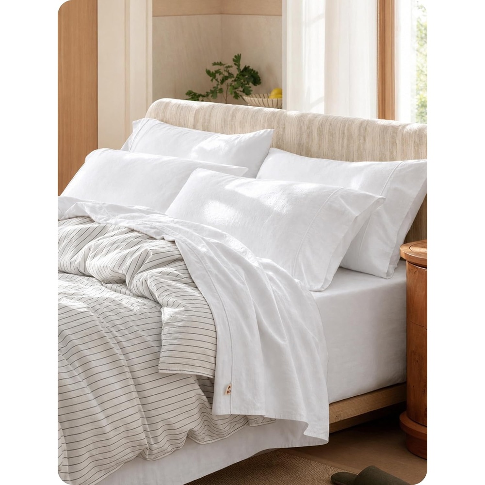 image:imageBedsure PureWoven Gingham Sheets 100 Washed Cotton Queen Brown 6PCS LinenLike Percale Sheets Breathable amp Relaxed 18 Deep Pocket Rustic Minimalist Farmhouse Checkered YarnDyed PlaidWhite