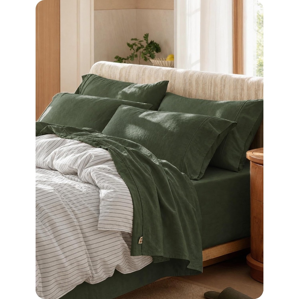 image:imageBedsure PureWoven Gingham Sheets 100 Washed Cotton Queen Brown 6PCS LinenLike Percale Sheets Breathable amp Relaxed 18 Deep Pocket Rustic Minimalist Farmhouse Checkered YarnDyed PlaidOlive Green