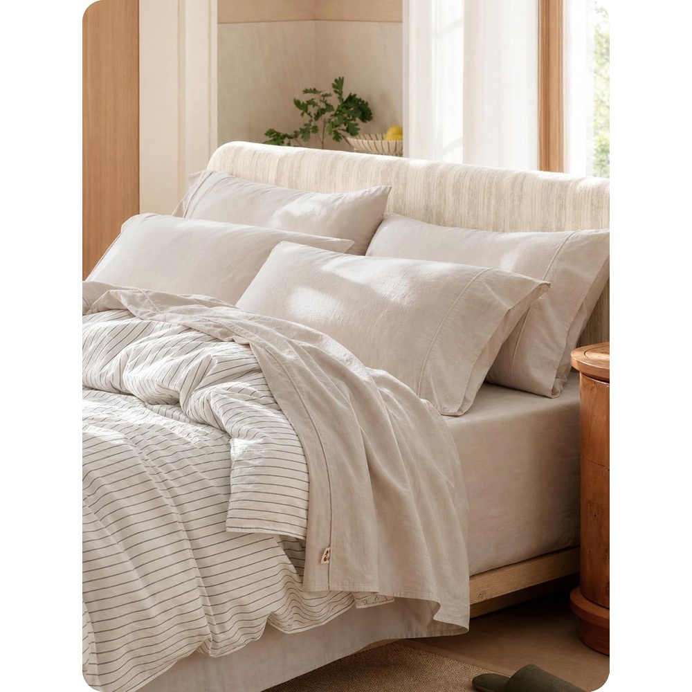 image:imageBedsure PureWoven Gingham Sheets 100 Washed Cotton Queen Brown 6PCS LinenLike Percale Sheets Breathable amp Relaxed 18 Deep Pocket Rustic Minimalist Farmhouse Checkered YarnDyed PlaidLinen Beige
