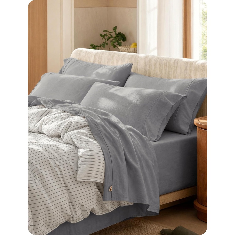 image:imageBedsure PureWoven Gingham Sheets 100 Washed Cotton Queen Brown 6PCS LinenLike Percale Sheets Breathable amp Relaxed 18 Deep Pocket Rustic Minimalist Farmhouse Checkered YarnDyed PlaidGrey