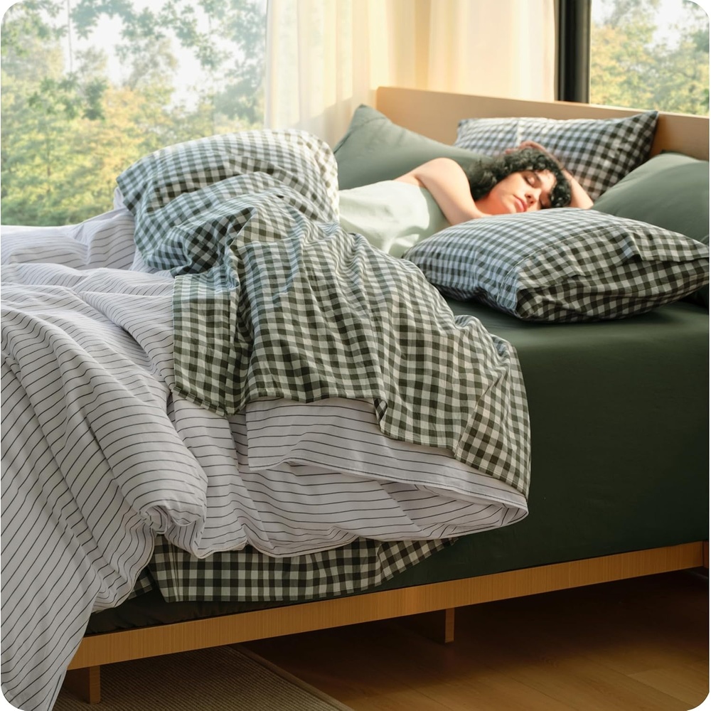 image:imageBedsure PureWoven Gingham Sheets 100 Washed Cotton Queen Brown 6PCS LinenLike Percale Sheets Breathable amp Relaxed 18 Deep Pocket Rustic Minimalist Farmhouse Checkered YarnDyed PlaidGingham Olive Green