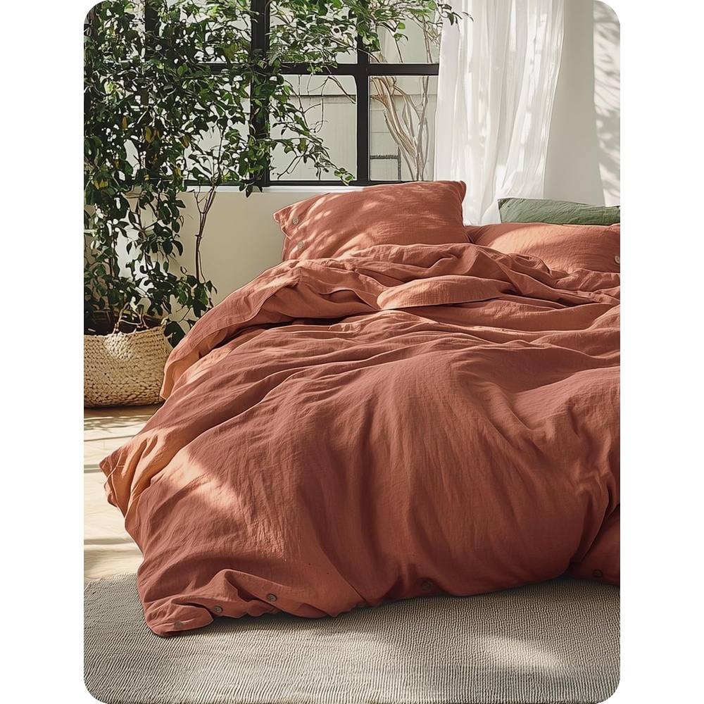image:imageBedsure PureWoven Linen Duvet Cover Queen Linen Cotton Blend Natural PreWashed Cooling Duvet Cover for Hot Sleepers Breathable MoistureWicking Button Closure amp Corner Ties AllSeason08 Burnt Orange No Comforter