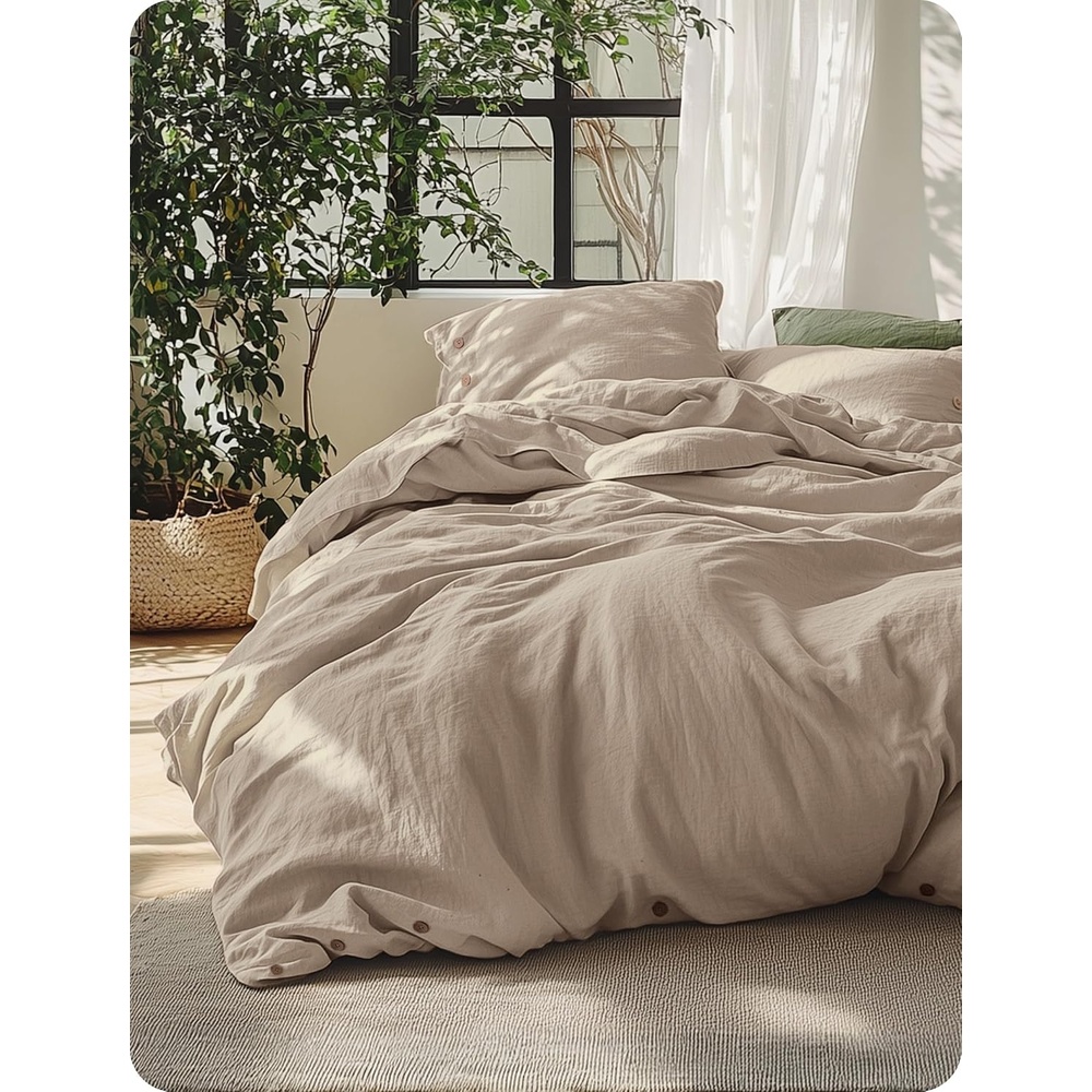 image:imageBedsure PureWoven Linen Duvet Cover Queen Linen Cotton Blend Natural PreWashed Cooling Duvet Cover for Hot Sleepers Breathable MoistureWicking Button Closure amp Corner Ties AllSeason04 Warm Tan No Comforter