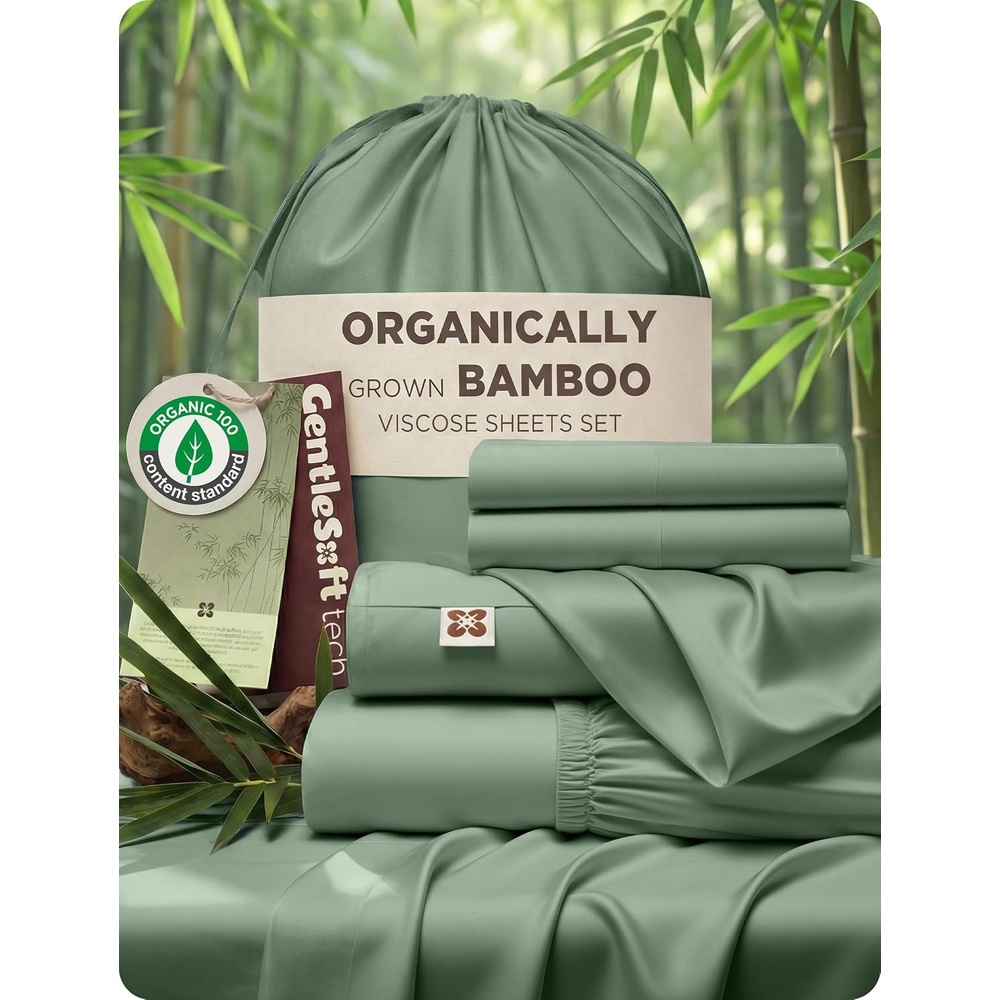 image:imageBedsure PureWoven Organically Grown Bamboo Viscose King Size Sheets Set  Cooling Bed Sheets for Hot Sleepers 18 Deep Pocket with Corner Straps Luxury Silky Soft Breathable OCS amp OekoTex White07  Sage Green