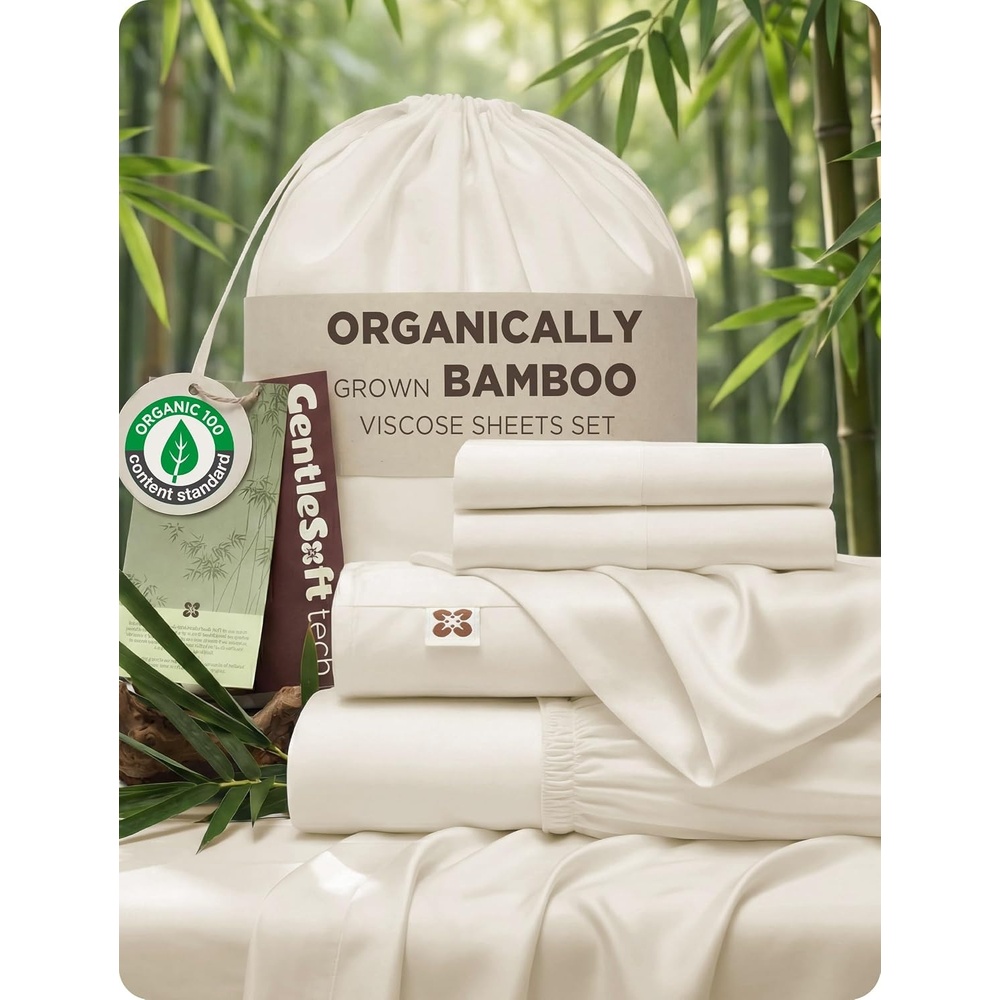 image:imageBedsure PureWoven Organically Grown Bamboo Viscose King Size Sheets Set Cooling Bed Sheets for Hot Sleepers 18 Deep Pocket with Corner Straps Luxury Silky Soft Breathable OCS amp OekoTex White02 Beige