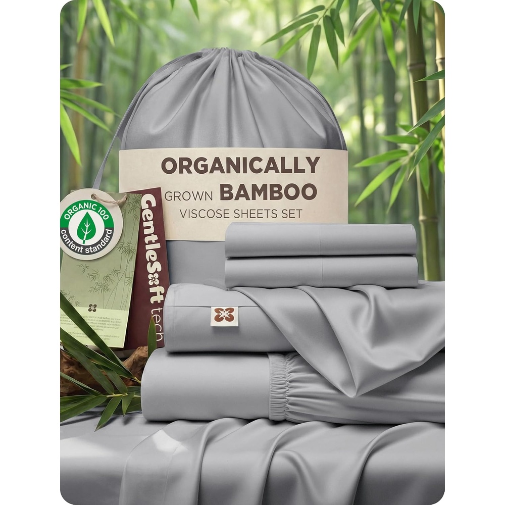 image:imageBedsure PureWoven Organically Grown Bamboo Viscose King Size Sheets Set  Cooling Bed Sheets for Hot Sleepers 18 Deep Pocket with Corner Straps Luxury Silky Soft Breathable OCS amp OekoTex White06  Grey