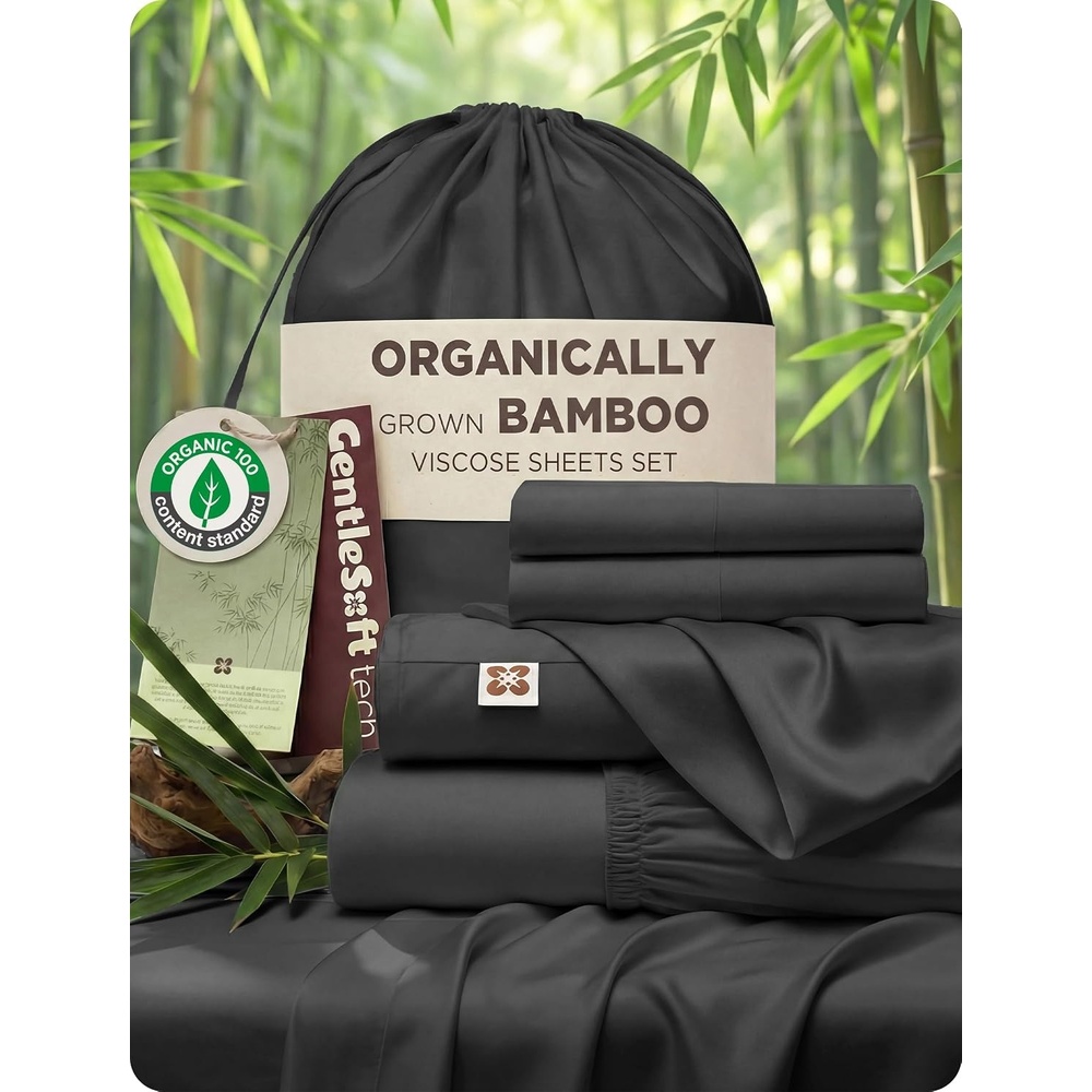 image:imageBedsure PureWoven Organically Grown Bamboo Viscose King Size Sheets Set  Cooling Bed Sheets for Hot Sleepers 18 Deep Pocket with Corner Straps Luxury Silky Soft Breathable OCS amp OekoTex White09  Charcoal