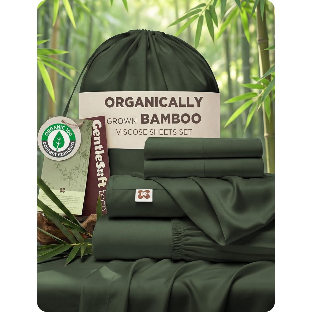 image:imageBedsure PureWoven Organically Grown Bamboo Viscose King Size Sheets Set Cooling Bed Sheets for Hot Sleepers 18 Deep Pocket with Corner Straps Luxury Silky Soft Breathable OCS amp OekoTex White05 Olive Green