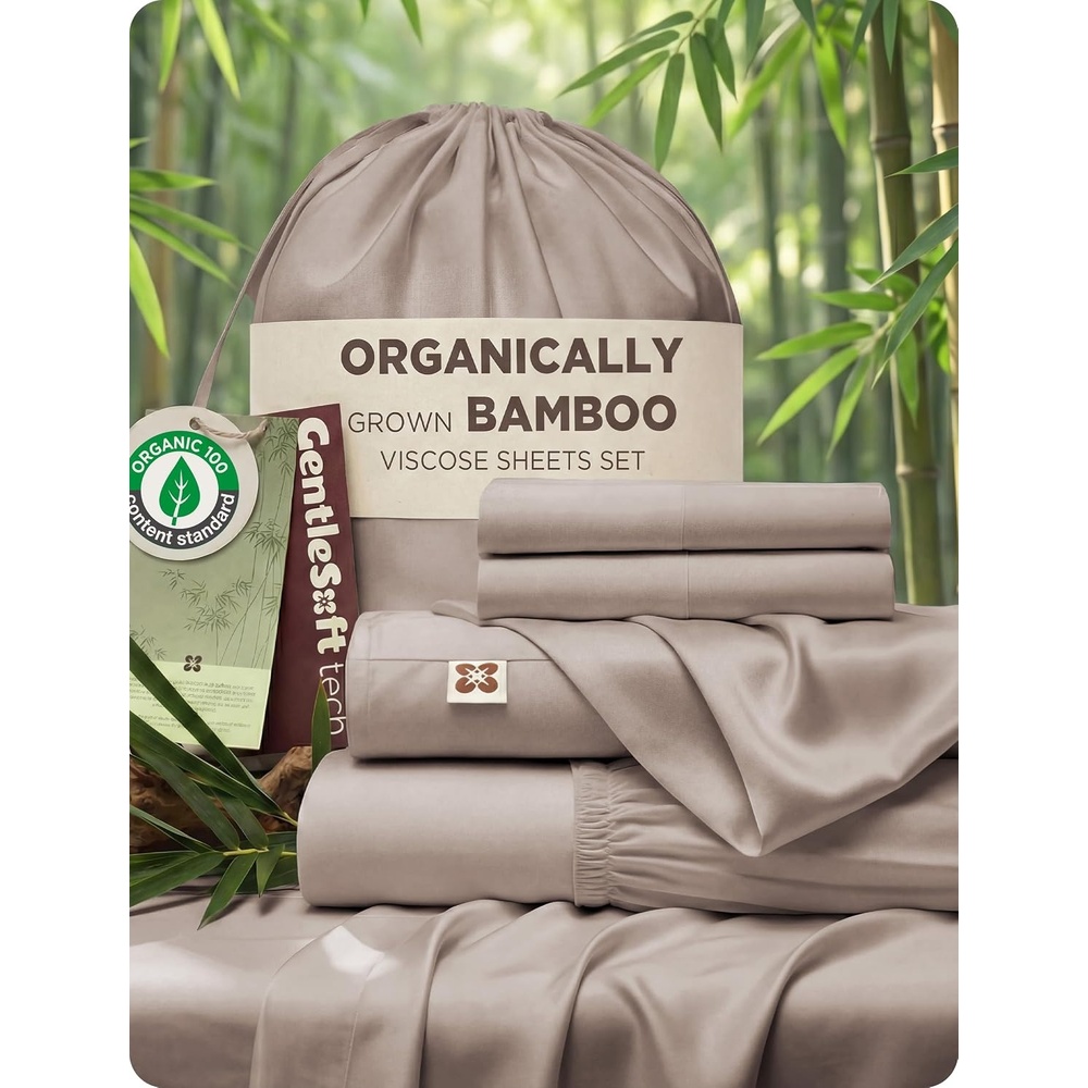 image:imageBedsure PureWoven Organically Grown Bamboo Viscose King Size Sheets Set Cooling Bed Sheets for Hot Sleepers 18 Deep Pocket with Corner Straps Luxury Silky Soft Breathable OCS amp OekoTex White03 Light Brown