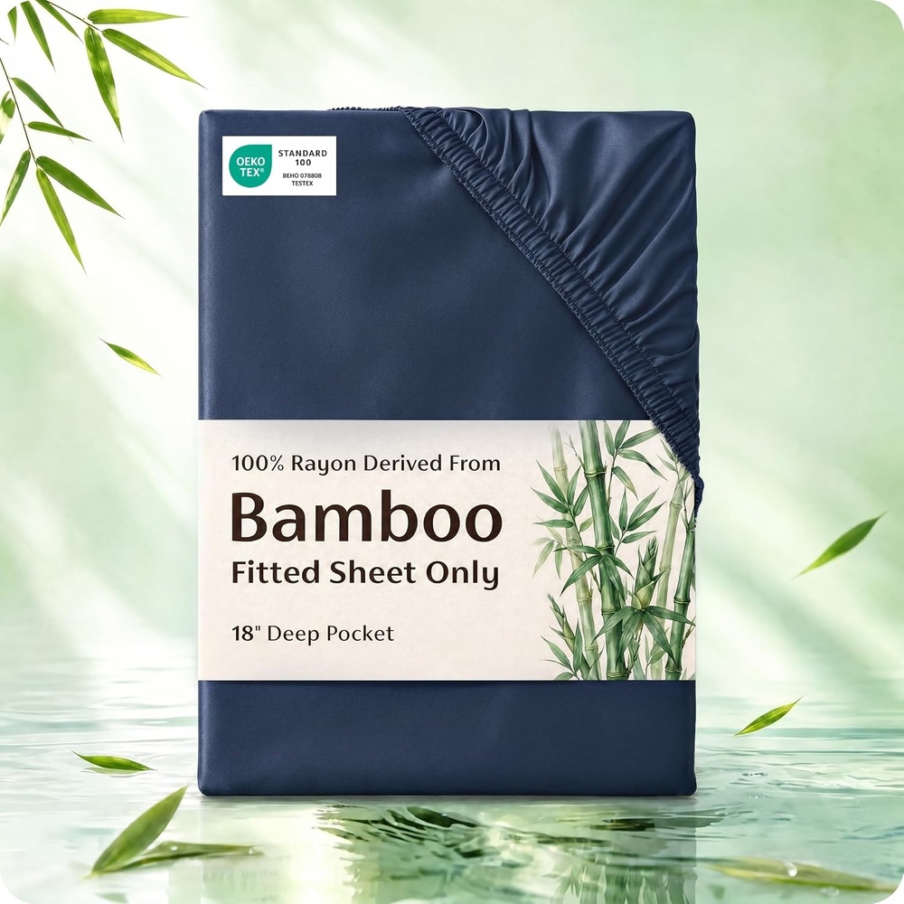 image:imageBedsure PureWoven Queen Fitted Sheet Qnly 100 Rayon Derived from Bamboo Cooling Bottom Sheet for Hot Sleepers Breathable amp Soft Deep Pocket Up to 18 Secure Elastic Corner Straps GreyNavy