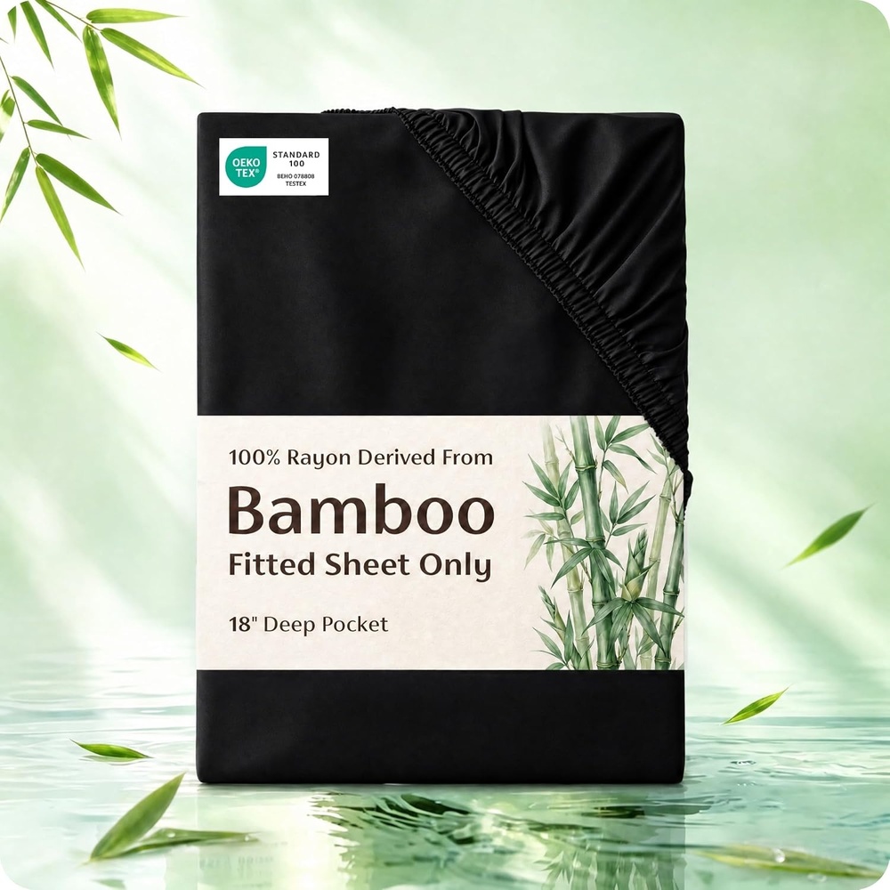 image:imageBedsure PureWoven Queen Fitted Sheet Qnly 100 Rayon Derived from Bamboo Cooling Bottom Sheet for Hot Sleepers Breathable amp Soft Deep Pocket Up to 18 Secure Elastic Corner Straps GreyBlack
