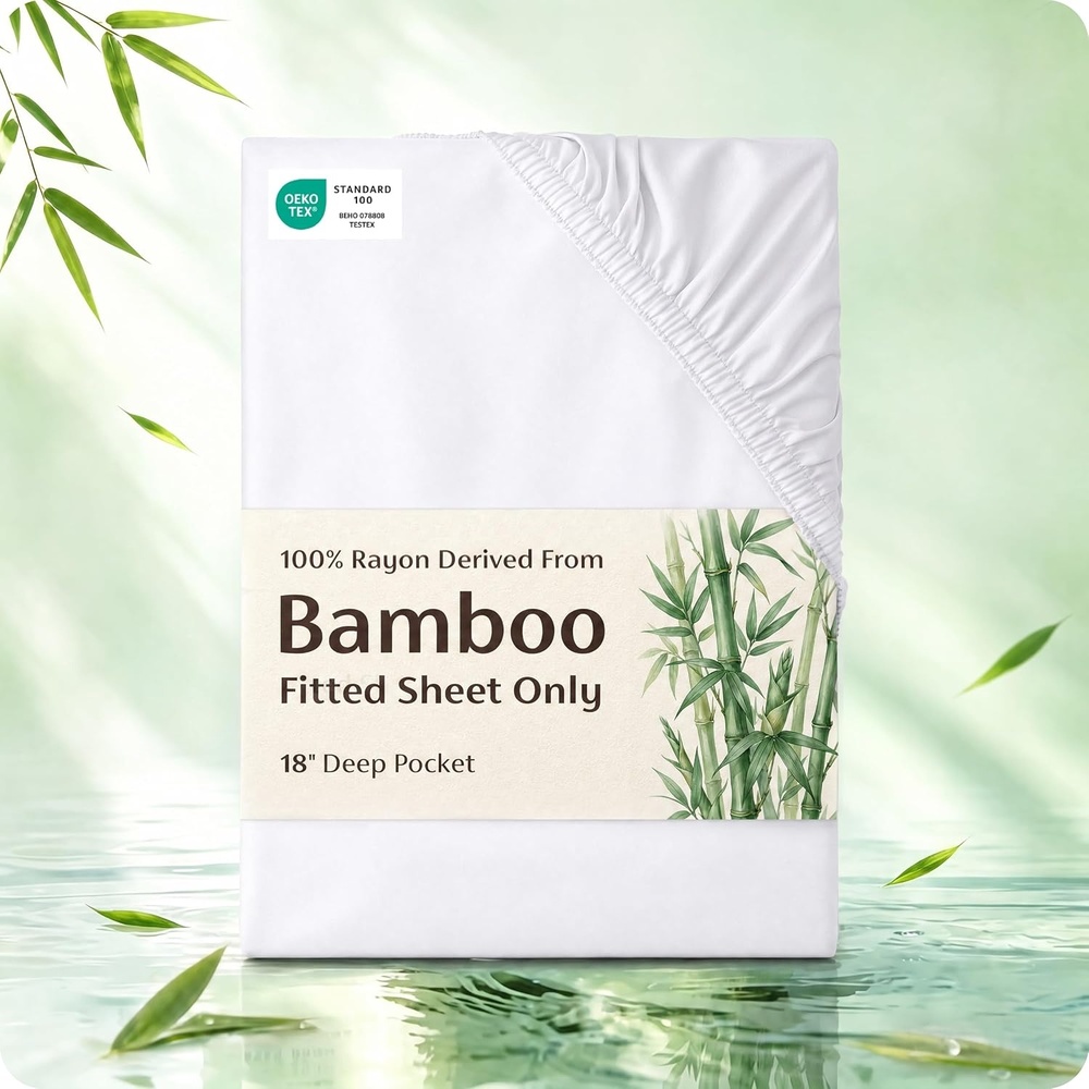 image:imageBedsure PureWoven Queen Fitted Sheet Qnly 100 Rayon Derived from Bamboo Cooling Bottom Sheet for Hot Sleepers Breathable amp Soft Deep Pocket Up to 18 Secure Elastic Corner Straps GreyWhite