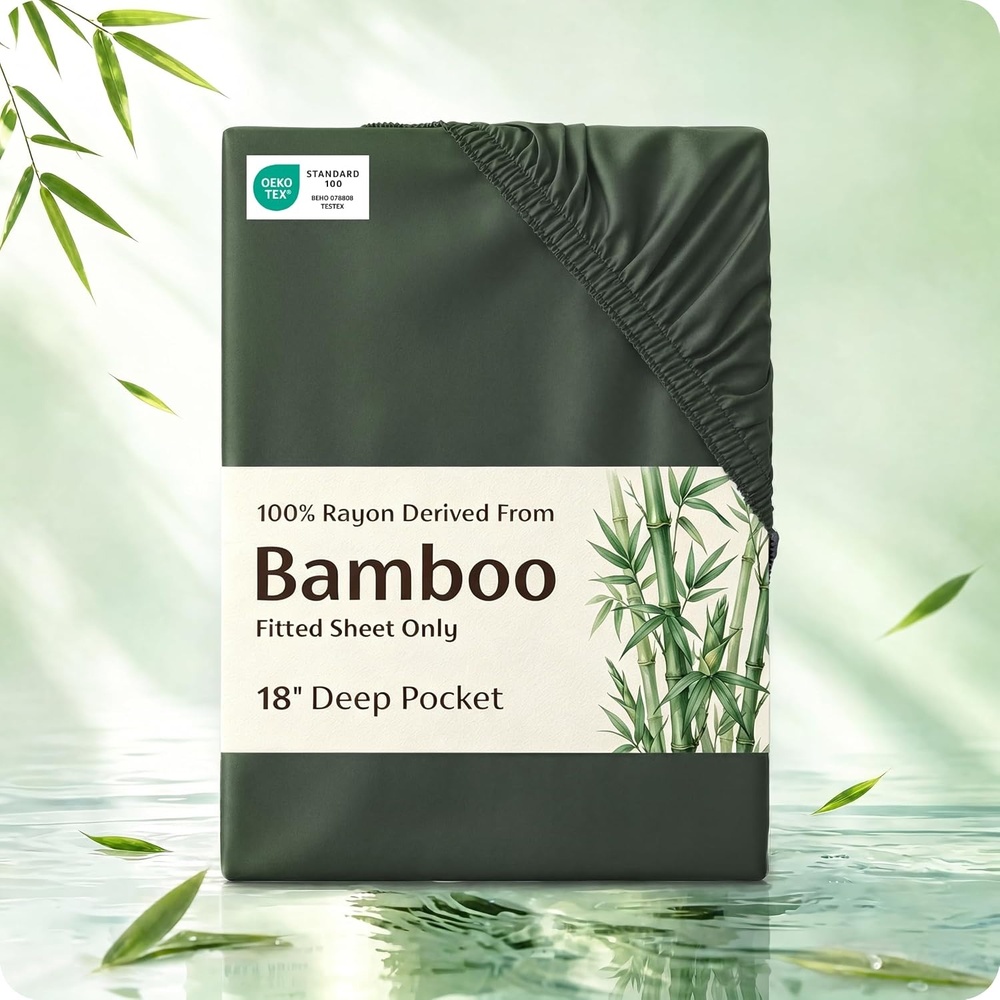 image:imageBedsure PureWoven Queen Fitted Sheet Qnly 100 Rayon Derived from Bamboo Cooling Bottom Sheet for Hot Sleepers Breathable amp Soft Deep Pocket Up to 18 Secure Elastic Corner Straps GreyOlive Green