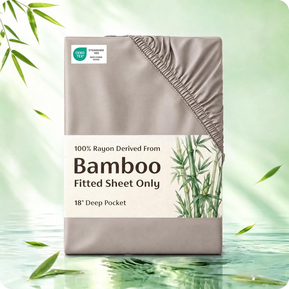 image:imageBedsure PureWoven Queen Fitted Sheet Qnly 100 Rayon Derived from Bamboo Cooling Bottom Sheet for Hot Sleepers Breathable amp Soft Deep Pocket Up to 18 Secure Elastic Corner Straps GreyTaupe