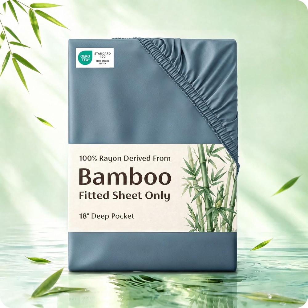 image:imageBedsure PureWoven Queen Fitted Sheet Qnly 100 Rayon Derived from Bamboo Cooling Bottom Sheet for Hot Sleepers Breathable amp Soft Deep Pocket Up to 18 Secure Elastic Corner Straps GreyDusty Blue