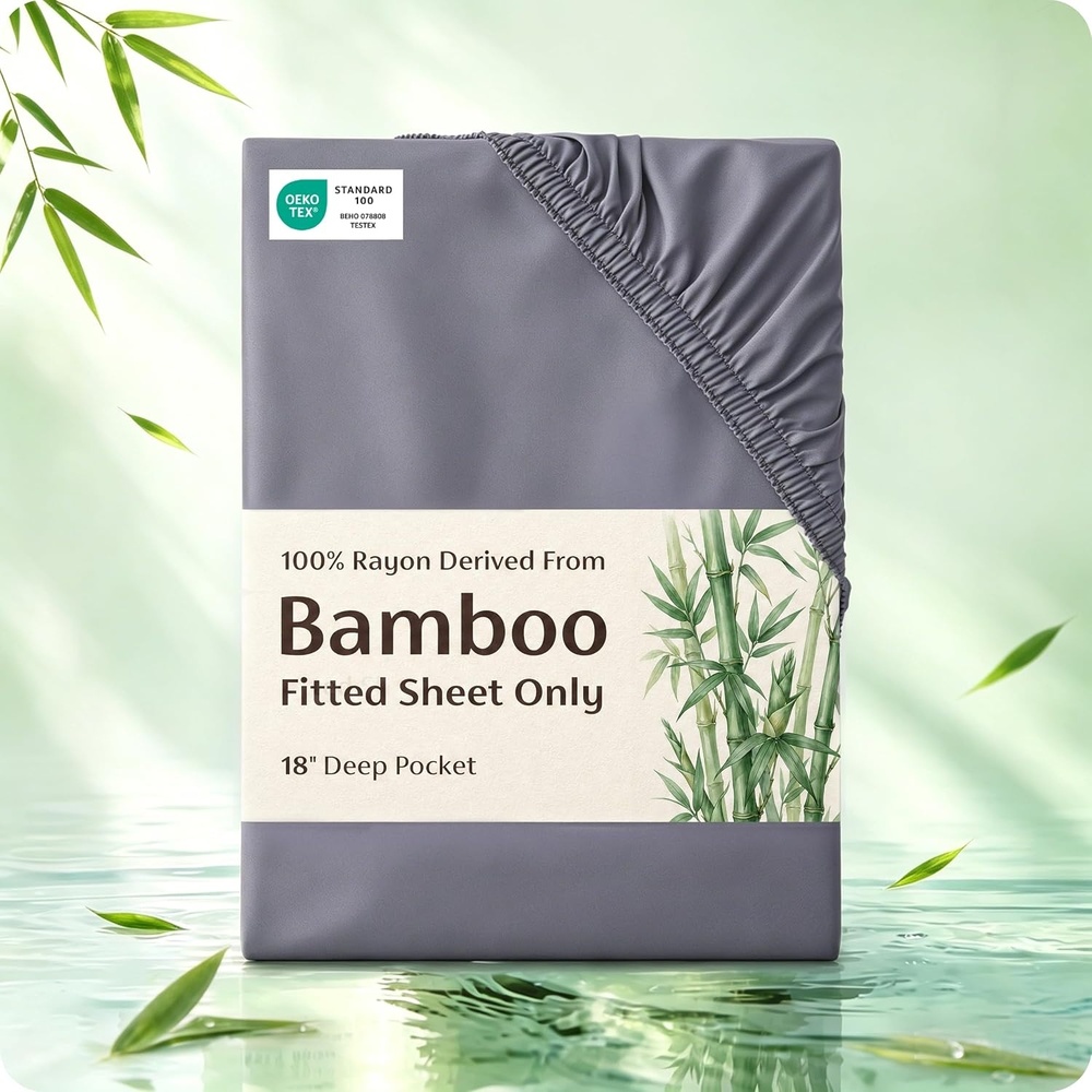 image:imageBedsure PureWoven Queen Fitted Sheet Qnly 100 Rayon Derived from Bamboo Cooling Bottom Sheet for Hot Sleepers Breathable amp Soft Deep Pocket Up to 18 Secure Elastic Corner Straps GreyGrey
