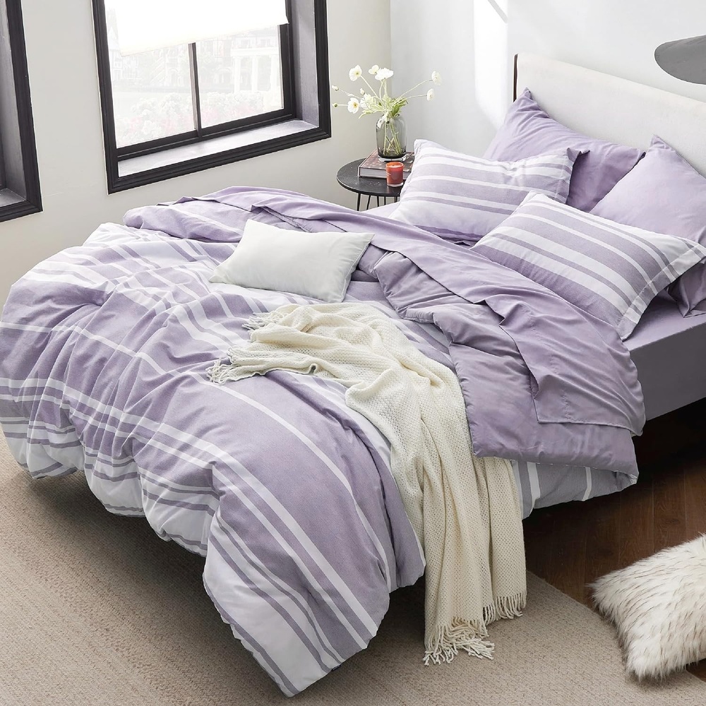 image:imageBedsure Queen Comforter Set 7 Pieces Grey Striped Bedding Set for All Seasons Reversible Cationic Dyeing Bed in a Bag with Comforter Sheets Pillowcases amp Shams09 Purple