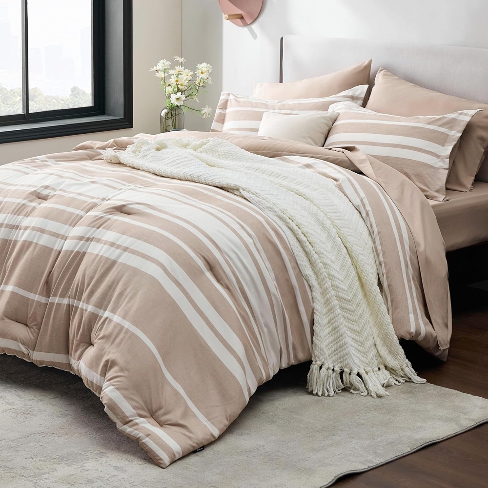 image:imageBedsure Queen Comforter Set 7 Pieces Grey Striped Bedding Set for All Seasons Reversible Cationic Dyeing Bed in a Bag with Comforter Sheets Pillowcases amp Shams11 Light Camel
