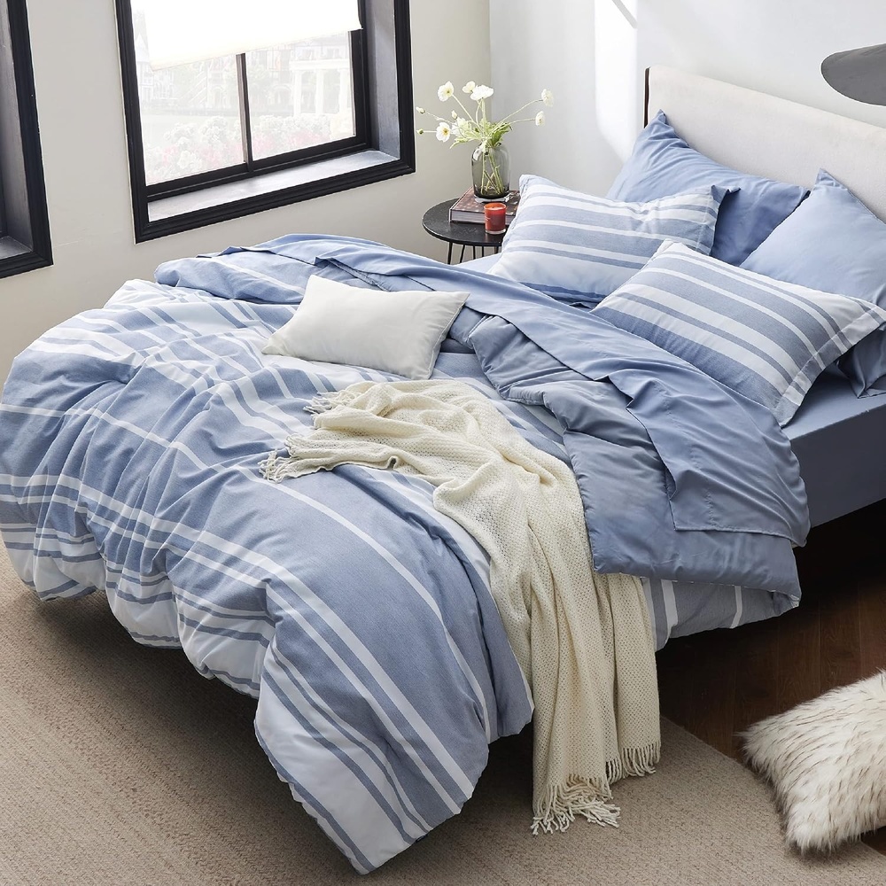 image:imageBedsure Queen Comforter Set 7 Pieces Grey Striped Bedding Set for All Seasons Reversible Cationic Dyeing Bed in a Bag with Comforter Sheets Pillowcases amp Shams02 Blue