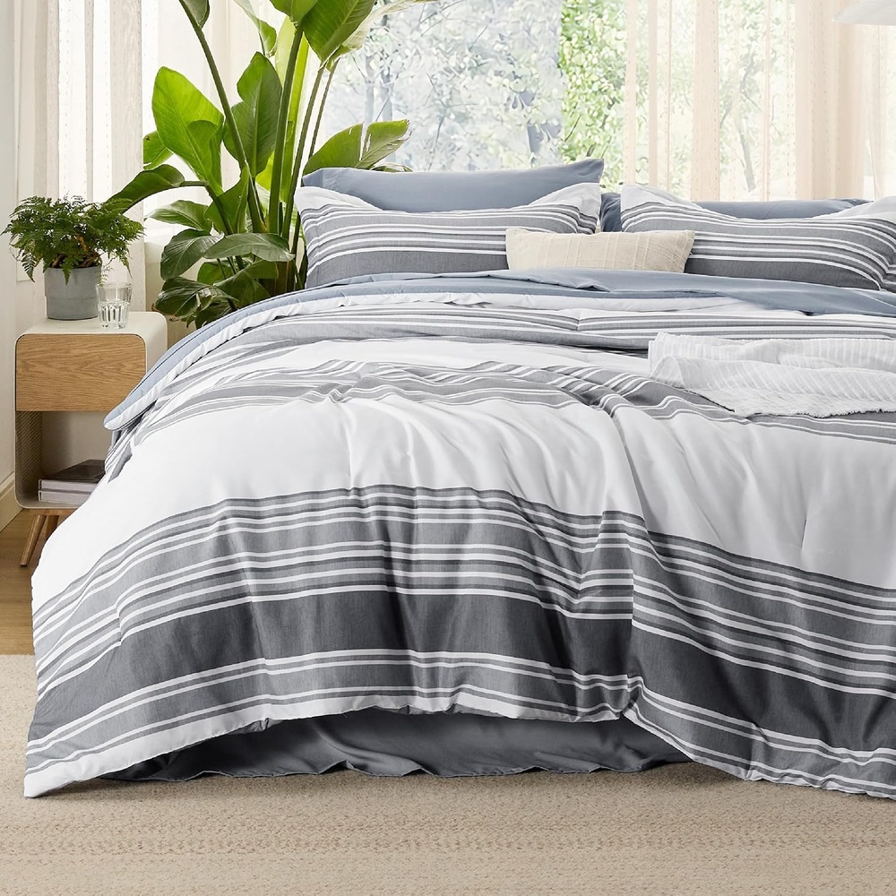 image:imageBedsure Queen Comforter Set 7 Pieces Grey Striped Bedding Set for All Seasons Reversible Cationic Dyeing Bed in a Bag with Comforter Sheets Pillowcases amp Shams21  Dark Grey