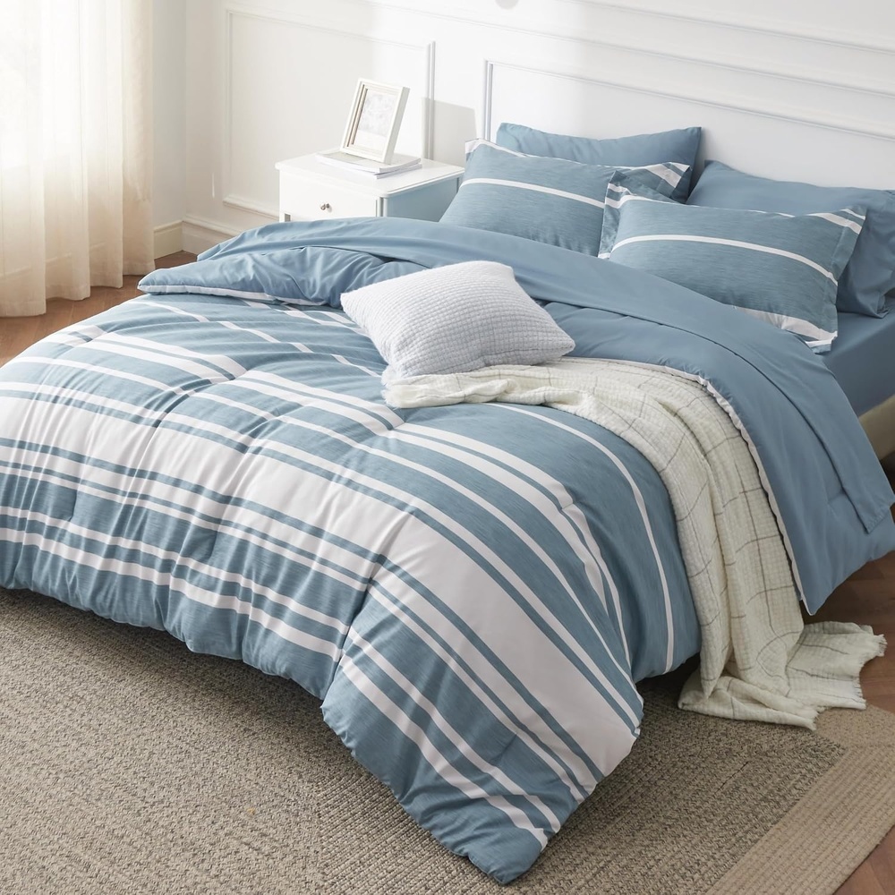 image:imageBedsure Queen Comforter Set 7 Pieces Grey Striped Bedding Set for All Seasons Reversible Cationic Dyeing Bed in a Bag with Comforter Sheets Pillowcases amp Shams13 Grey Blue
