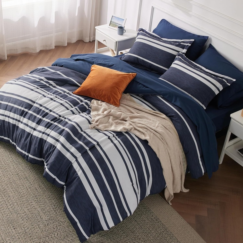 image:imageBedsure Queen Comforter Set 7 Pieces Grey Striped Bedding Set for All Seasons Reversible Cationic Dyeing Bed in a Bag with Comforter Sheets Pillowcases amp Shams05 Navy