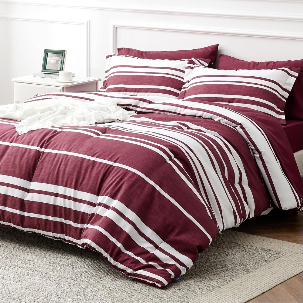 image:imageBedsure Queen Comforter Set 7 Pieces Grey Striped Bedding Set for All Seasons Reversible Cationic Dyeing Bed in a Bag with Comforter Sheets Pillowcases amp Shams10 Burgundy