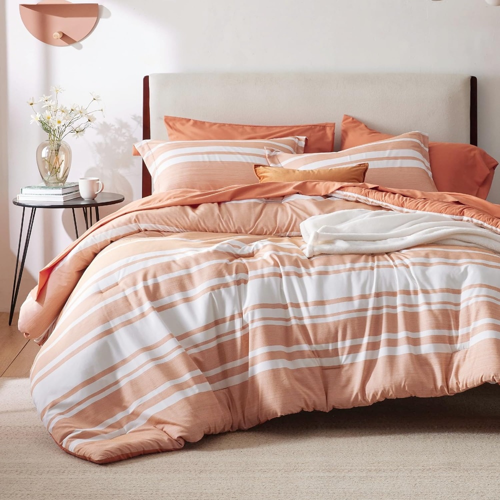 image:imageBedsure Queen Comforter Set 7 Pieces Grey Striped Bedding Set for All Seasons Reversible Cationic Dyeing Bed in a Bag with Comforter Sheets Pillowcases amp Shams12 Burnt Orange