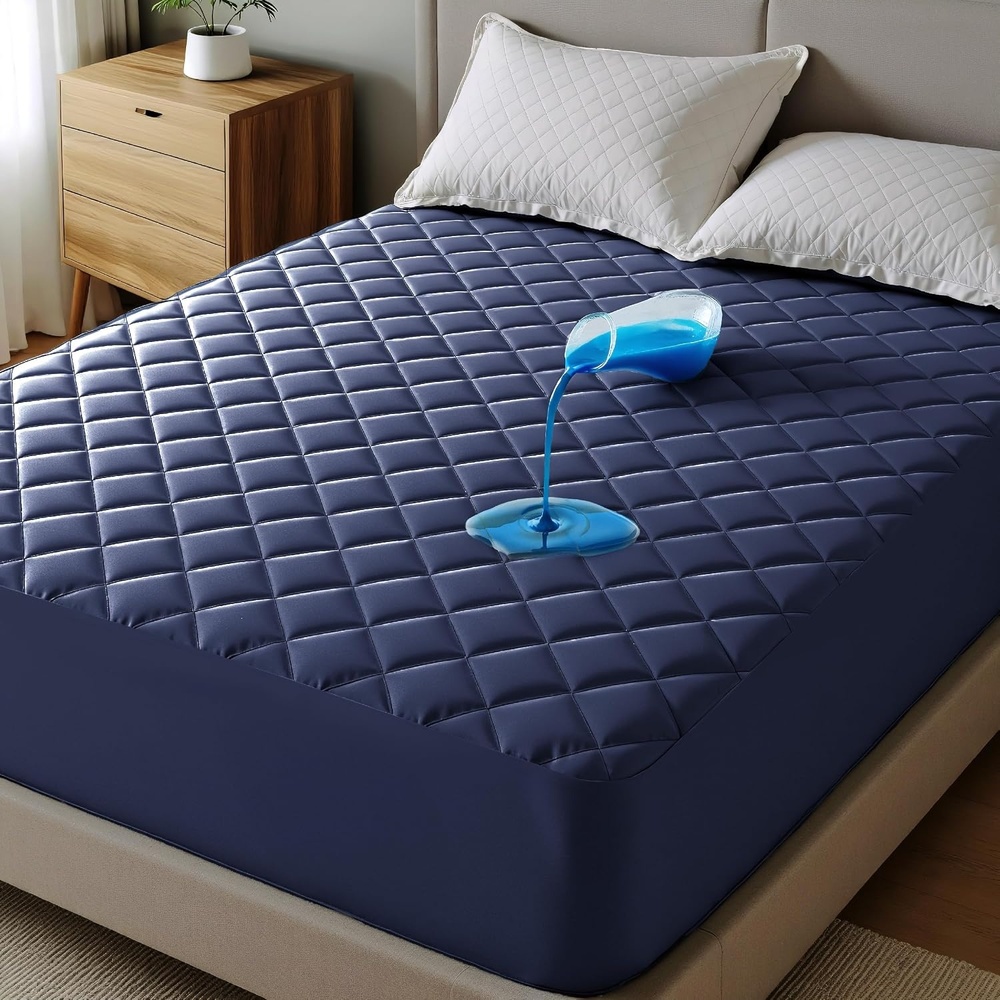 image:imageBedsure Queen Mattress Protector Quilted Waterproof Mattress Protector with Deep Pocket up to 22 Inches Soft Breathable Noiseless Bed Pad Topper Queen Bed Cover for Home Bedroom Hotel WhiteNavy Blue