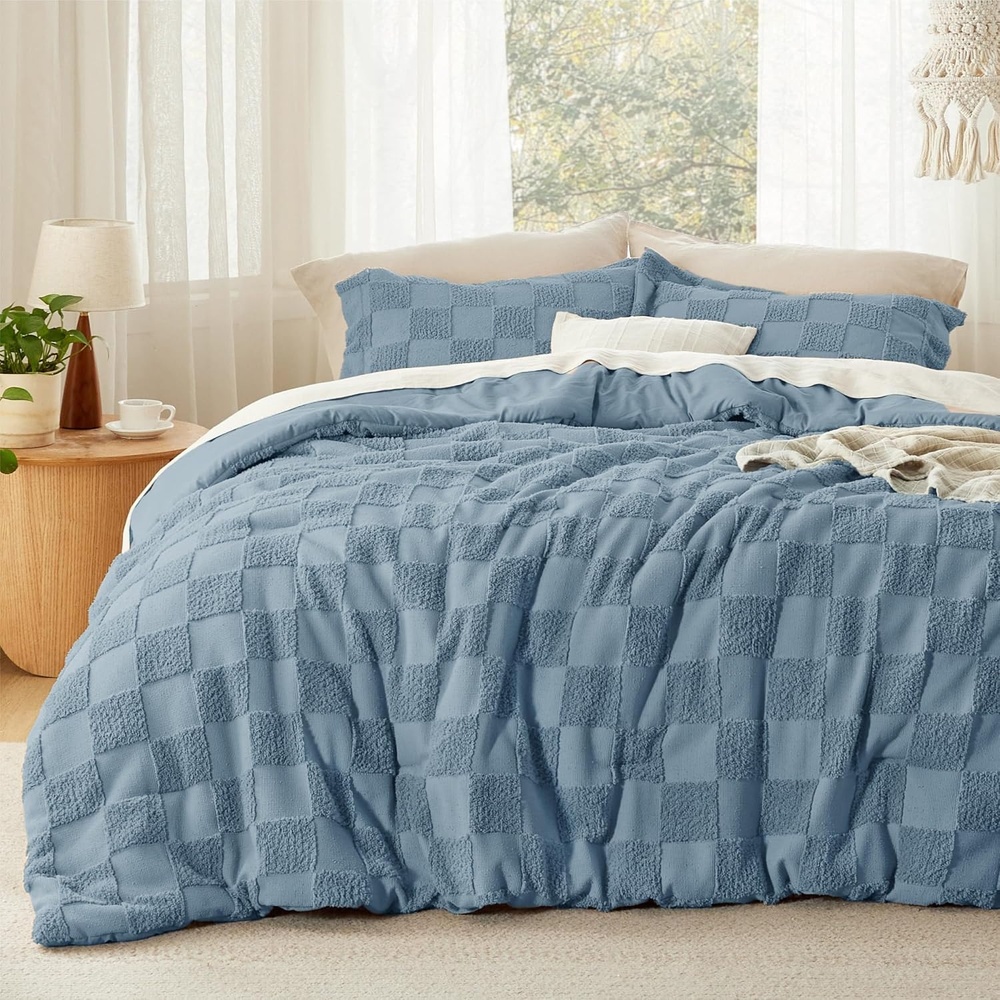 image:imageBedsure Queen Size Comforter Set Beige Boho Tufted Bed Set Checkered FarmhouseStyle Distressed Vintage Bedding 3 Pieces 1 Plaid Geometric Comforter and 2 Pillow Shams03 Mineral Blue Tufted Checkboard