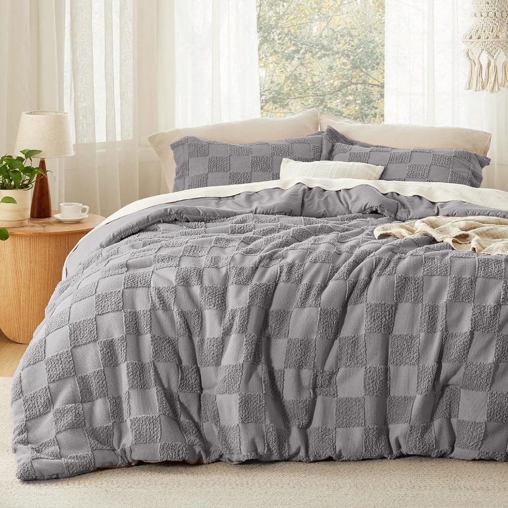image:imageBedsure Queen Size Comforter Set Beige Boho Tufted Bed Set Checkered FarmhouseStyle Distressed Vintage Bedding 3 Pieces 1 Plaid Geometric Comforter and 2 Pillow Shams04 Grey Tufted Checkboard