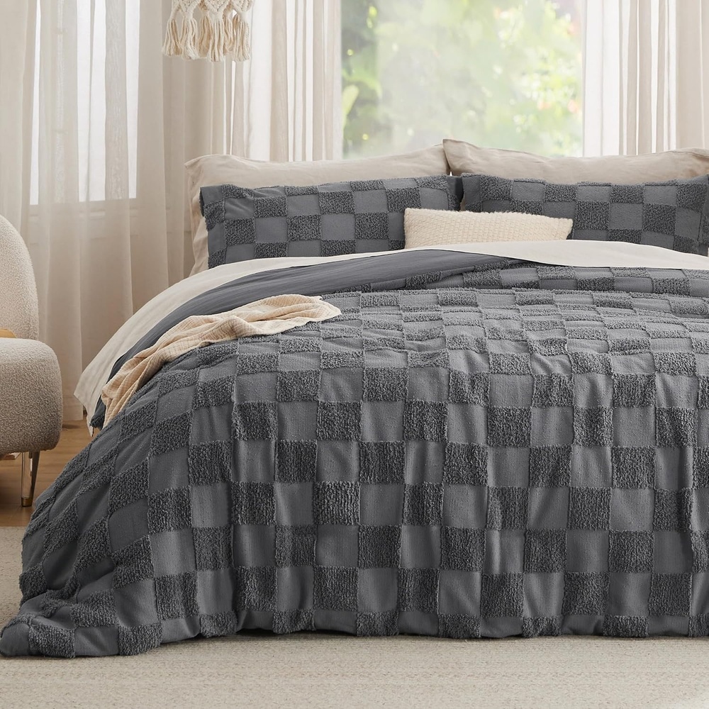 image:imageBedsure Queen Size Comforter Set Beige Boho Tufted Bed Set Checkered FarmhouseStyle Distressed Vintage Bedding 3 Pieces 1 Plaid Geometric Comforter and 2 Pillow Shams04 Dark Grey Tufted Checkboard