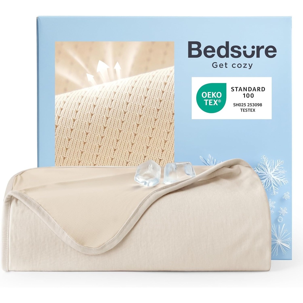 image:imageBedsure Summer Cooling Blanket Queen Size for Hot Sleepers with Sports Mesh Design ArcChill QMax 04 Lightweight Breathable Ice Cold Blanket for Night Sweats 90 x 90 Inches Mesh GreyMesh Beige