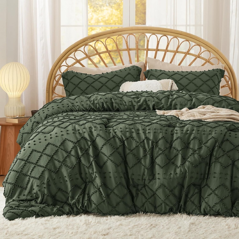 image:imageBedsure Twin XL Comforter Set  White Comforter Boho Tufted Distressed Vintage Bedding for Kids 2 Pieces FarmhouseStyle Bed Set for All Seasons Fluffy Soft Bedding with 1 Pillow Sham02  Olive Green