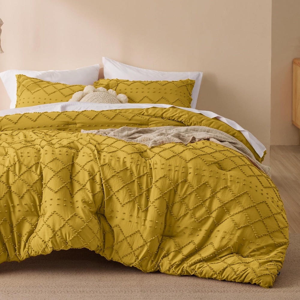 image:imageBedsure Twin XL Comforter Set  White Comforter Boho Tufted Distressed Vintage Bedding for Kids 2 Pieces FarmhouseStyle Bed Set for All Seasons Fluffy Soft Bedding with 1 Pillow Sham22  Mustard Yellow