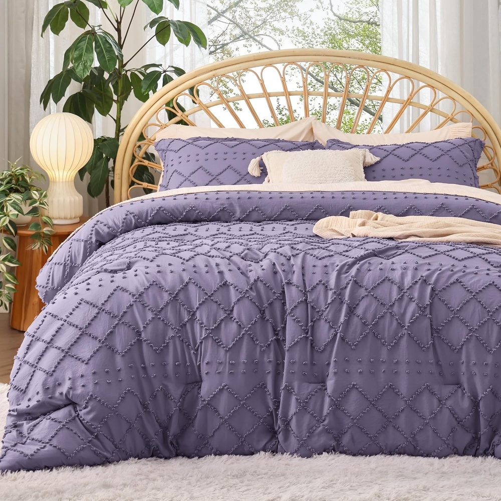 image:imageBedsure Twin XL Comforter Set  White Comforter Boho Tufted Distressed Vintage Bedding for Kids 2 Pieces FarmhouseStyle Bed Set for All Seasons Fluffy Soft Bedding with 1 Pillow Sham13  Grayish Purple