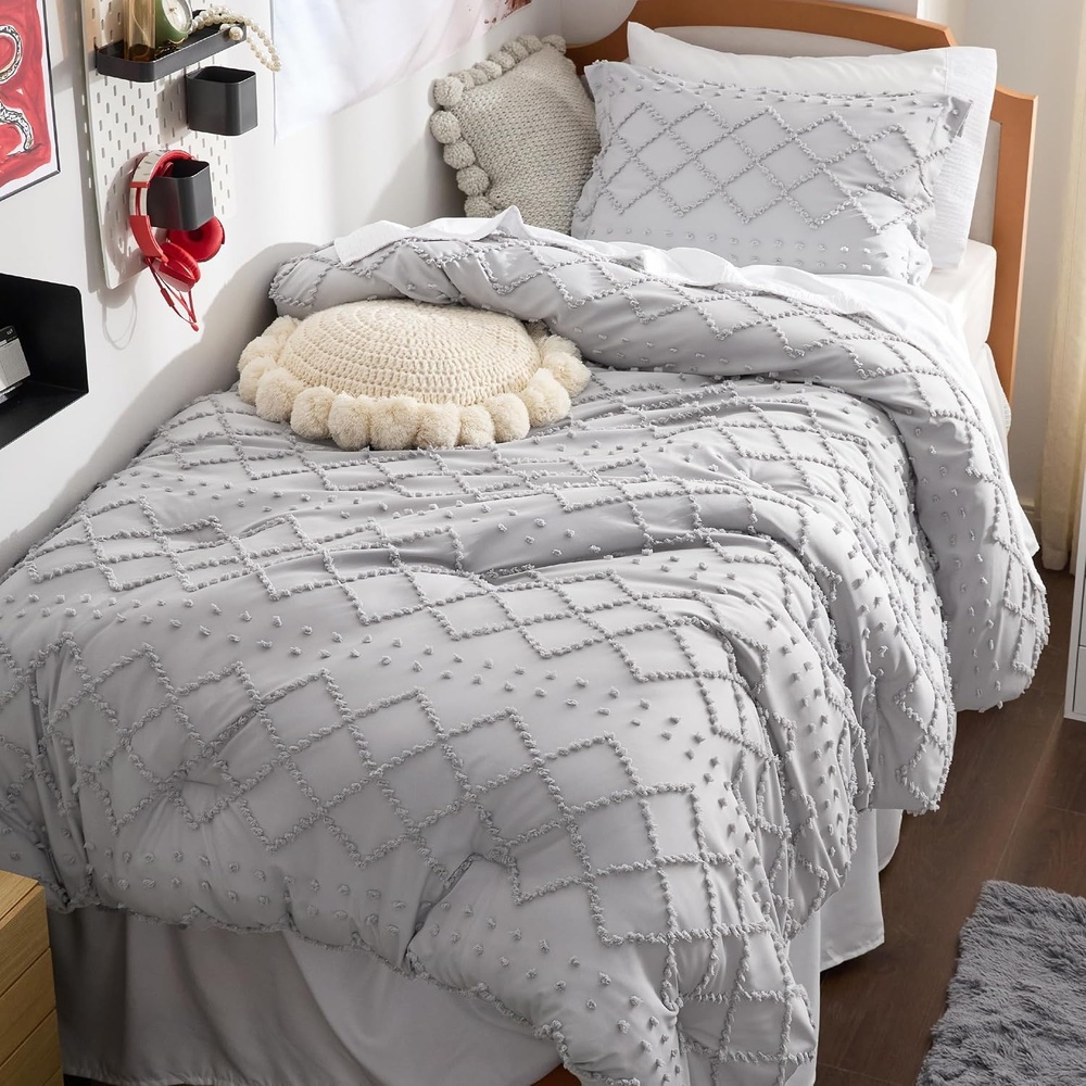 image:imageBedsure Twin XL Comforter Set  White Comforter Boho Tufted Distressed Vintage Bedding for Kids 2 Pieces FarmhouseStyle Bed Set for All Seasons Fluffy Soft Bedding with 1 Pillow Sham15  Light Grey