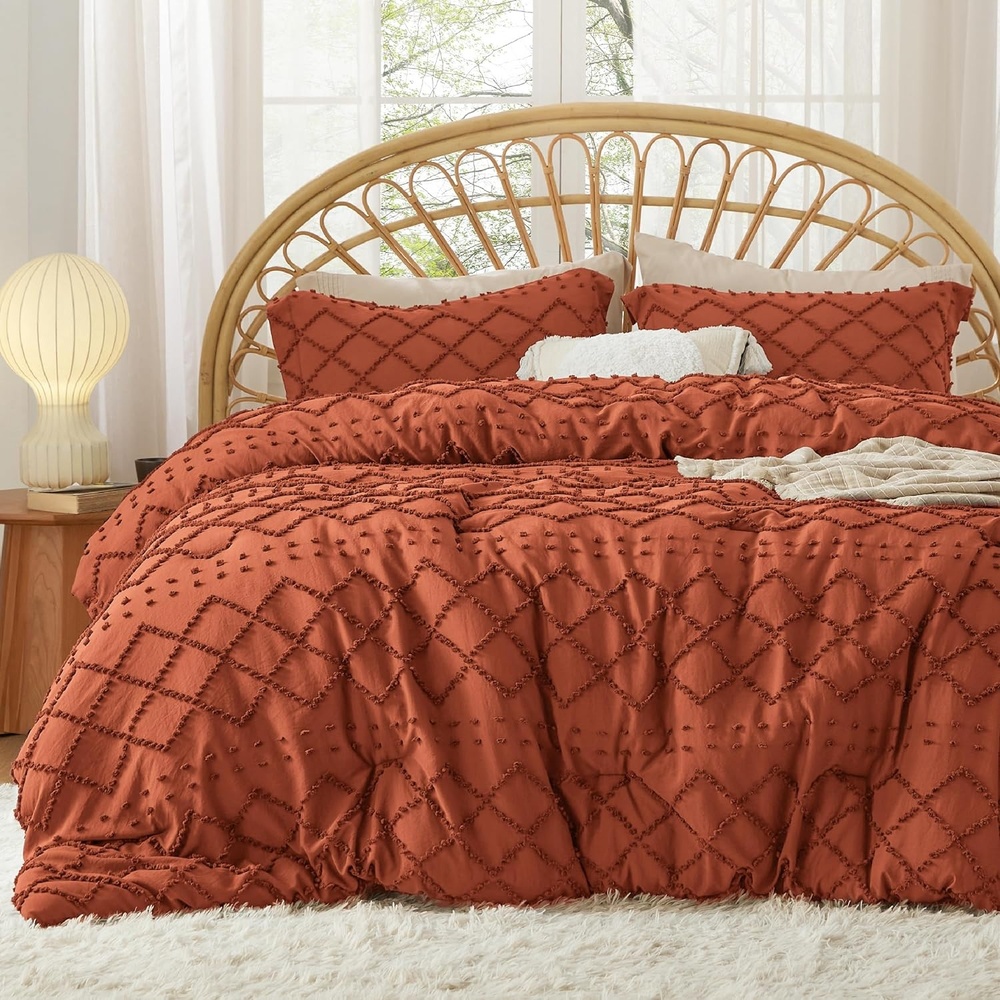 image:imageBedsure Twin XL Comforter Set  White Comforter Boho Tufted Distressed Vintage Bedding for Kids 2 Pieces FarmhouseStyle Bed Set for All Seasons Fluffy Soft Bedding with 1 Pillow Sham19  Terracotta