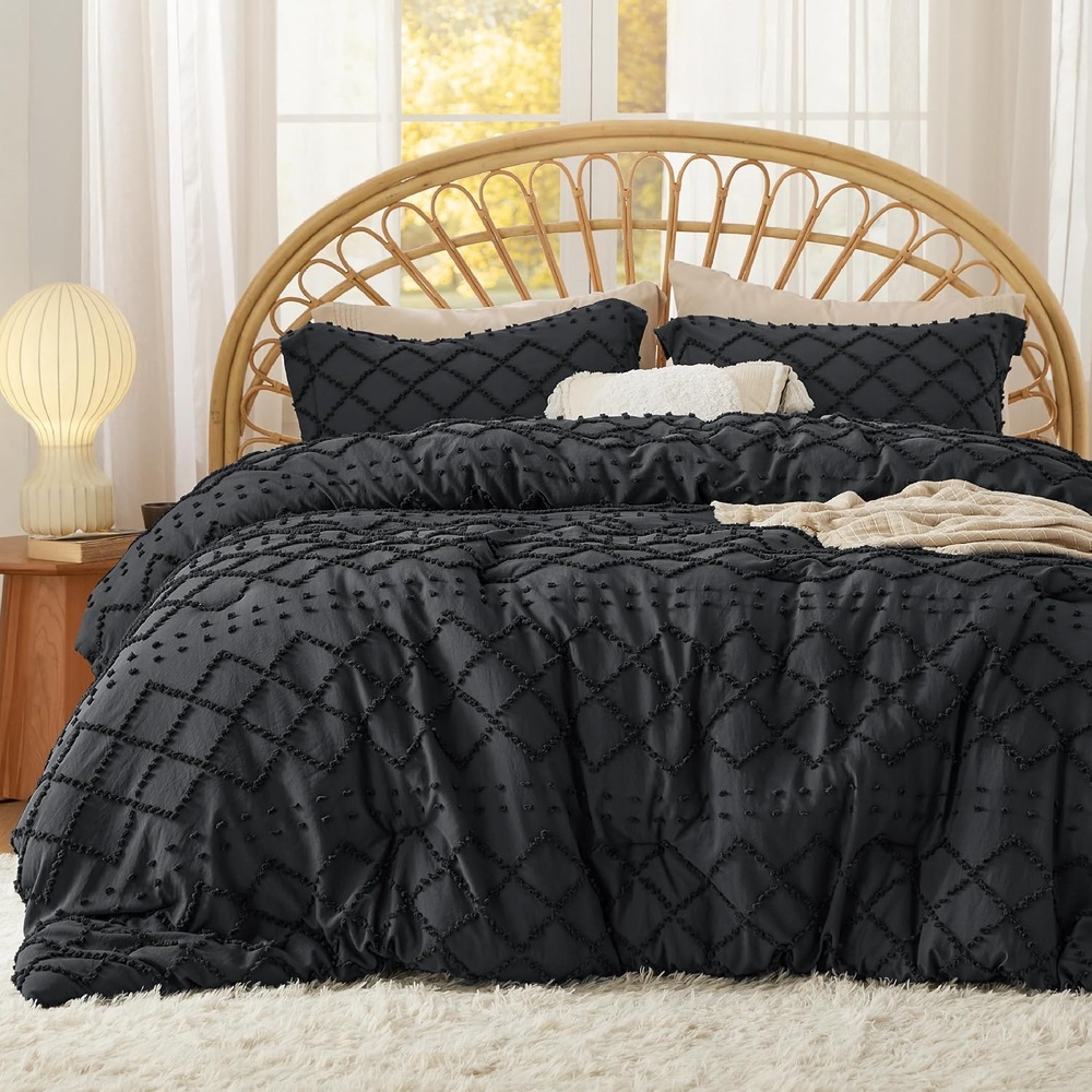 image:imageBedsure Twin XL Comforter Set  White Comforter Boho Tufted Distressed Vintage Bedding for Kids 2 Pieces FarmhouseStyle Bed Set for All Seasons Fluffy Soft Bedding with 1 Pillow Sham03  Black