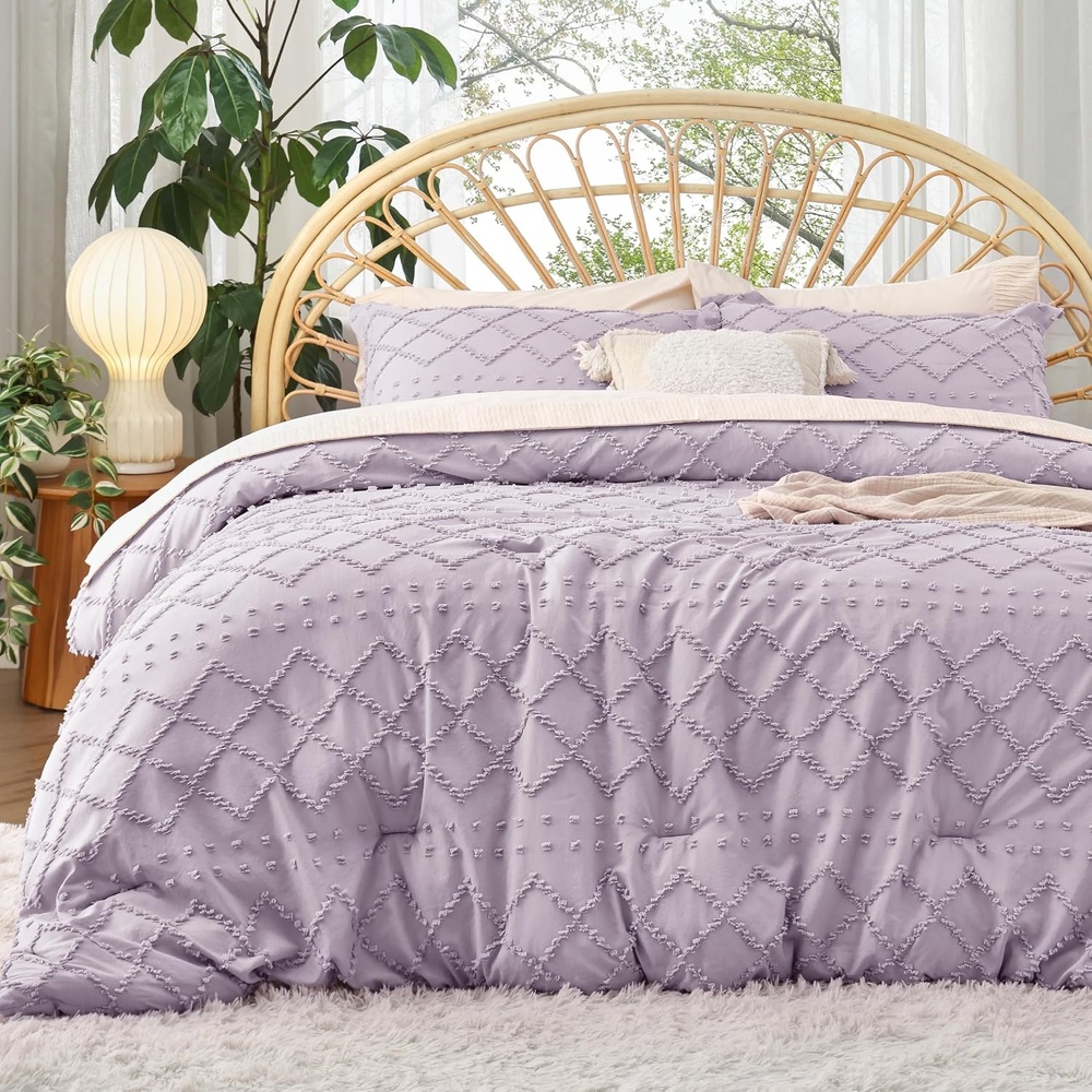 image:imageBedsure Twin XL Comforter Set  White Comforter Boho Tufted Distressed Vintage Bedding for Kids 2 Pieces FarmhouseStyle Bed Set for All Seasons Fluffy Soft Bedding with 1 Pillow Sham17  Lavender