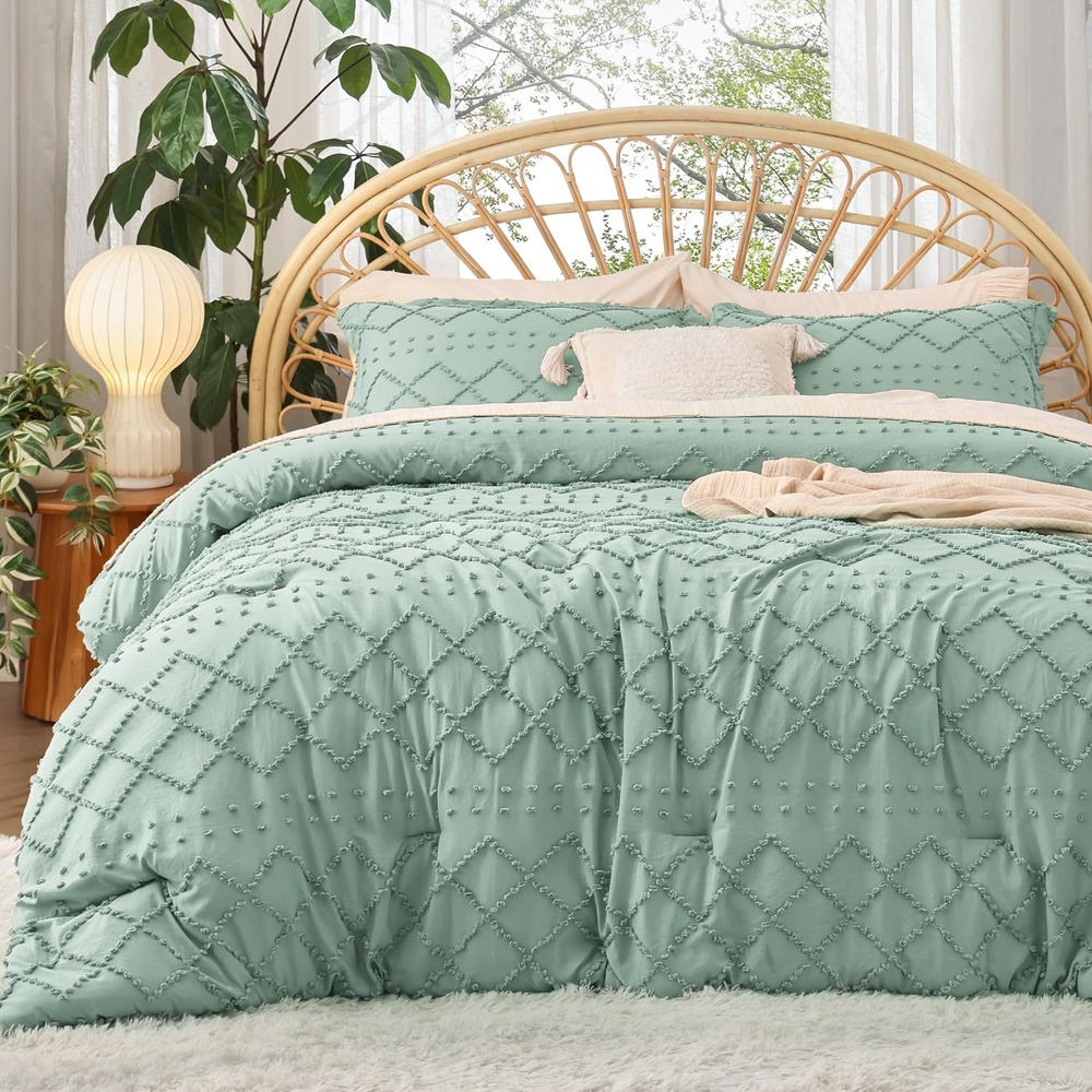image:imageBedsure Twin XL Comforter Set  White Comforter Boho Tufted Distressed Vintage Bedding for Kids 2 Pieces FarmhouseStyle Bed Set for All Seasons Fluffy Soft Bedding with 1 Pillow Sham12  Sage Green