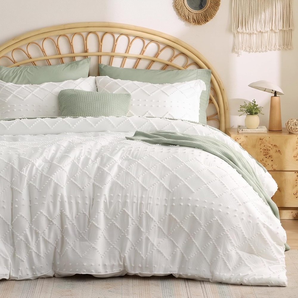 image:imageBedsure Twin XL Comforter Set  White Comforter Boho Tufted Distressed Vintage Bedding for Kids 2 Pieces FarmhouseStyle Bed Set for All Seasons Fluffy Soft Bedding with 1 Pillow Sham01  Natural White