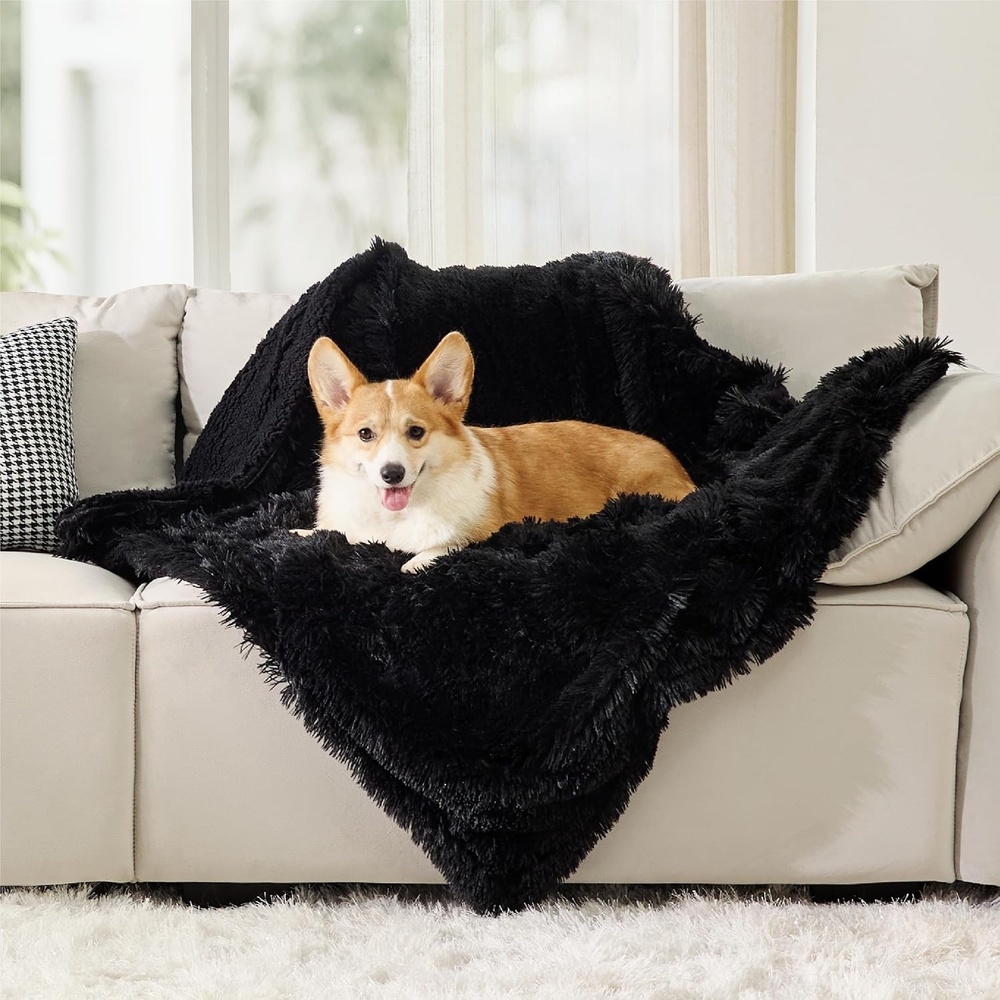 image:imageBedsure Waterproof Dog Blankets for Large Dogs Fluffy Faux Fur 6080 Plush Fuzzy Reversible Pet Blankets for Couch and Bed Soft Calming Throw Blanket Washable Dog Gift Twin SizeTiedye NavyBlack