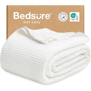 Bedsure 100% Cotton Blanket Queen Size for Bed – Cooling Breathable and Soft for Summer and Fall, Thick Cozy Waffle Weave Blanket Gifts for Women, White, 90×90 Inches(01 White)
