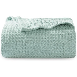 Bedsure 100% Cotton Blanket Queen Size for Bed – Cooling Breathable and Soft for Summer and Fall, Thick Cozy Waffle Weave Blanket Gifts for Women, White, 90×90 Inches(14 Mint)