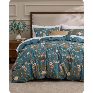 Bedsure PureWoven 100% Cotton Striped Duvet Cover Set, Queen, Tan/White | Washed Cotton, Linen-Like Texture, Breathable, Zipper Closure, Machine Washable, 3 Pieces with 2 Pillow Shams, 90″ X 90″(16 – Vintage Teal Floral (No Comforter))