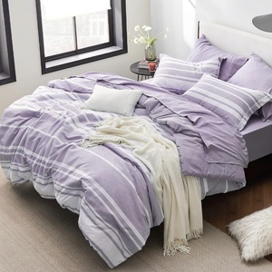 Bedsure Queen Comforter Set 7 Pieces, Grey Striped Bedding Set for All Seasons, Reversible, Cationic Dyeing Bed in a Bag with Comforter, Sheets, Pillowcases & Shams(09 – Purple)
