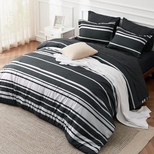 Bedsure Queen Comforter Set 7 Pieces, Grey Striped Bedding Set for All Seasons, Reversible, Cationic Dyeing Bed in a Bag with Comforter, Sheets, Pillowcases & Shams(07 – Black)