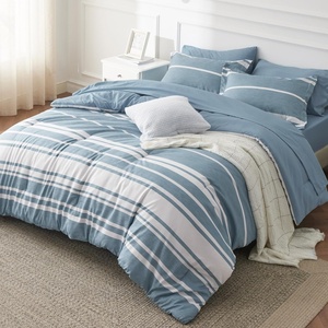 Bedsure Queen Comforter Set 7 Pieces, Grey Striped Bedding Set for All Seasons, Reversible, Cationic Dyeing Bed in a Bag with Comforter, Sheets, Pillowcases & Shams(13 – Grey Blue)