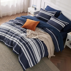 Bedsure Queen Comforter Set 7 Pieces, Grey Striped Bedding Set for All Seasons, Reversible, Cationic Dyeing Bed in a Bag with Comforter, Sheets, Pillowcases & Shams(05 – Navy)